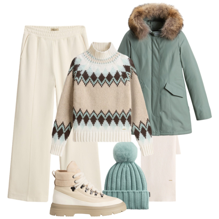Outfit donna - Acquamarina Woolrich. Stile Casual per Tutti i giorni. Abbinamento con pantaloni, maglieria, berretti, anfibi, sciarpe, parka.