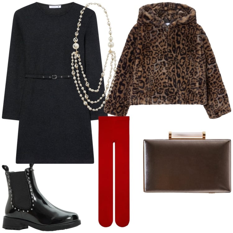 Outfit donna - Serate glamur. Stile Glamour per Serata fuori. Abbinamento con stivaletti chelsea, vestiti midi/longuette, collant, ecopellicce, clutch, collane.