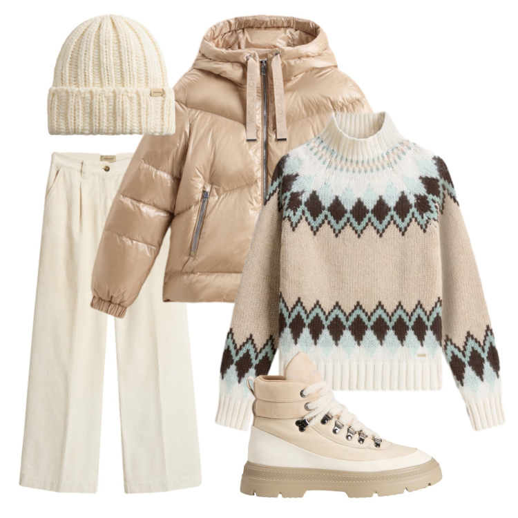 Outfit donna - Avorio luminoso. Stile Sporty chic per Sport. Abbinamento con anfibi, piumini, pantaloni, maglieria, berretti.