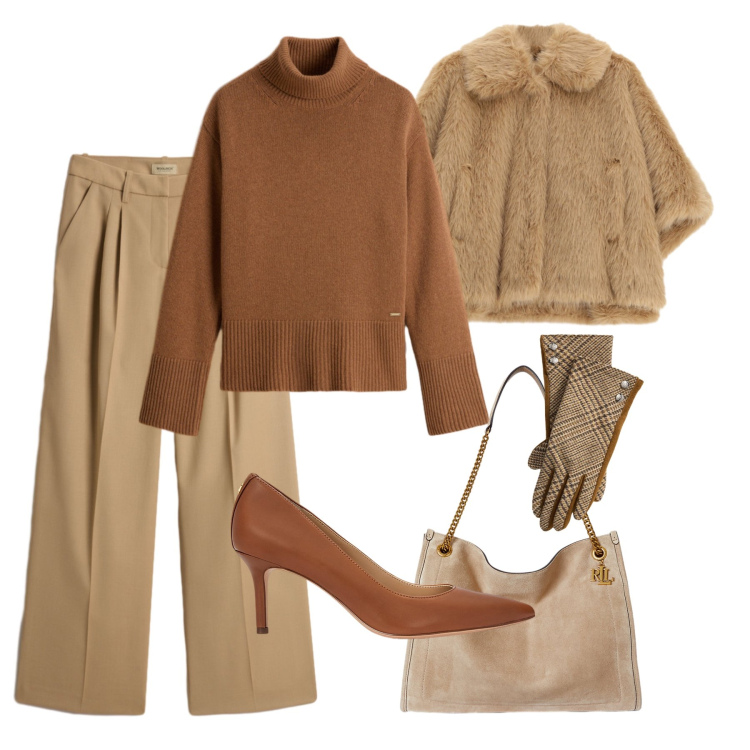 Outfit donna - Cozy chic con i tacchi. Stile Glamour per Tutti i giorni. Abbinamento con blazer, décolleté, borse tote, guanti, pantaloni, maglieria.