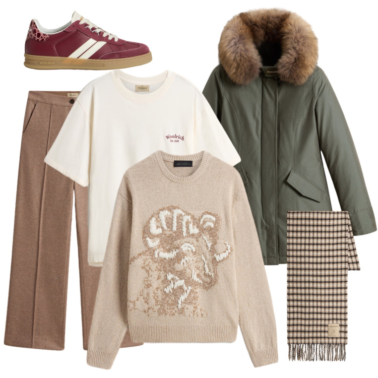 Outfit donna - Colori in armonia. Stile Casual per Tutti i giorni. Abbinamento con pantaloni, parka, maglieria, sneakers, sciarpe, t-shirt.