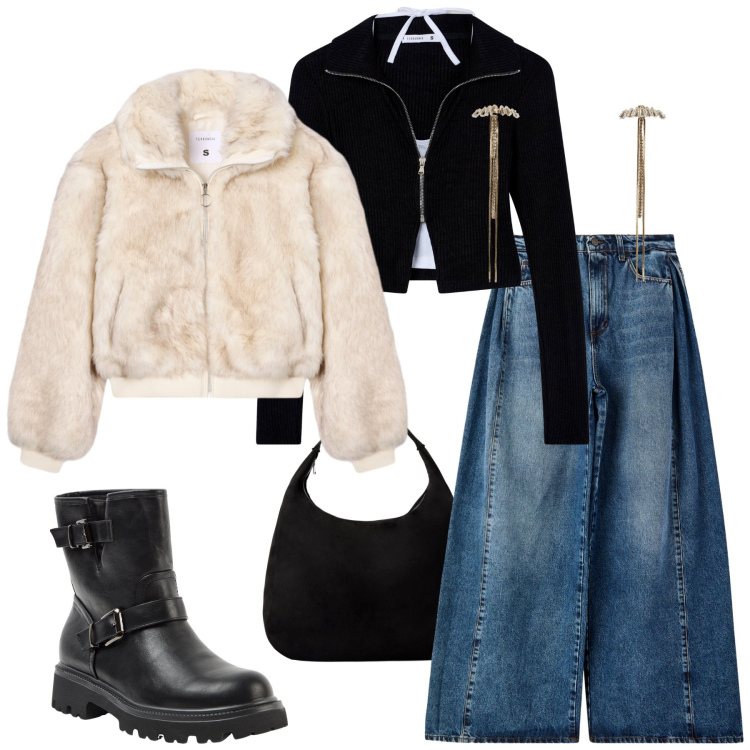 Outfit donna - Terranova - Black Friday 2025. Stile Sporty chic per Tutti i giorni. Abbinamento con orecchini, felpe, jeans, stivaletti, borse a mano, ecopellicce.