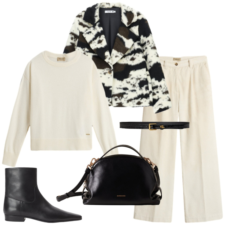 Outfit donna - Animalier. Stile Casual per Ufficio. Abbinamento con blazer, borse a mano, stivaletti, cinture, pantaloni, maglieria.