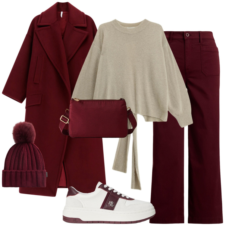Outfit donna - Streets. Stile Casual chic per Tutti i giorni. Abbinamento con cappotti, borse a tracolla, maglieria, pantaloni, sneakers, berretti.