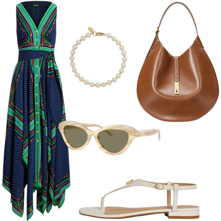 Outfit donna - Total look #2285486. Stile Etnico per Serata fuori. Abbinamento con borse a spalla, braccialetti, occhiali da sole, vestiti senza maniche, sandali in pelle.