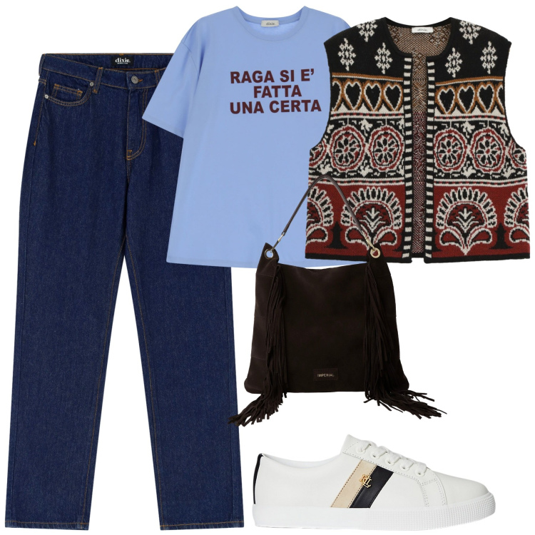 Outfit donna - Casual. Stile Casual per Tutti i giorni. Abbinamento con borse a spalla, jeans dritti, t-shirt, gilet, sneakers.
