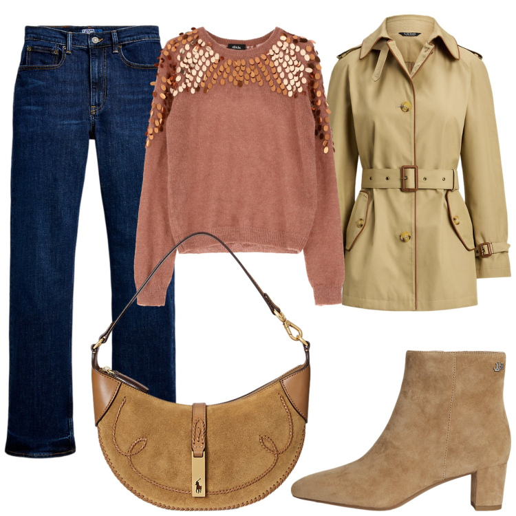 Outfit donna - Total look #2285488. Stile Basic per Tutti i giorni. Abbinamento con pullovers, jeans dritti, borse a spalla, trench, stivaletti.