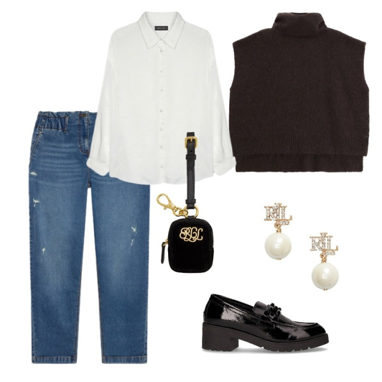 Outfit donna - Total look #2285489. Abbinamento con maglieria, pochette, orecchini, jeans strappati, camicie, mocassini.