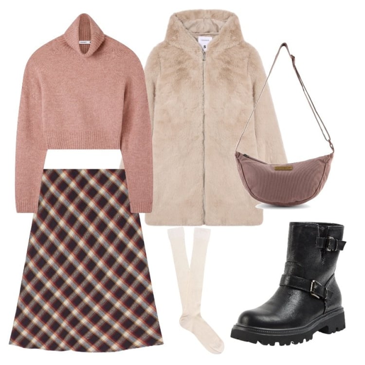 Outfit donna - Total look #2285517. Abbinamento con cappotti, stivaletti, maglieria, gonne, borse a tracolla, calzini.