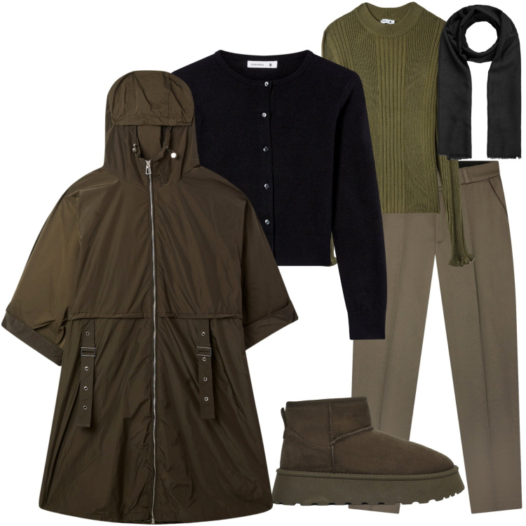 Outfit donna - Terranova Black Friday. Stile Urban per Tutti i giorni. Abbinamento con trench, maglieria, pantaloni chino, cardigans, foulard, stivali.