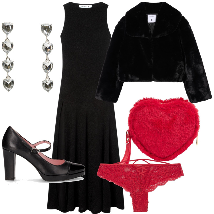 Outfit donna - Una serata d amore. Stile Romantica per Serata fuori. Abbinamento con orecchini, portafogli, vestiti lunghi, culotte, ecopellicce, décolleté.