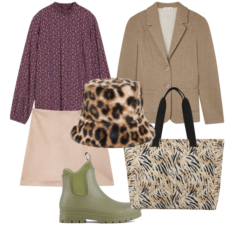 Outfit donna - Autunno inoltrato. Stile Trendy per Tutti i giorni. Abbinamento con bluse, minigonne, blazer, shopping bag, stivali, cappelli.