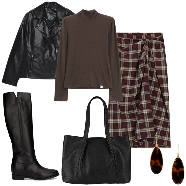 Outfit donna - Gonna e lupetto. Stile Trendy per Tutti i giorni. Abbinamento con shopping bag, gonne longuette, maglieria, orecchini, giacche, stivali.