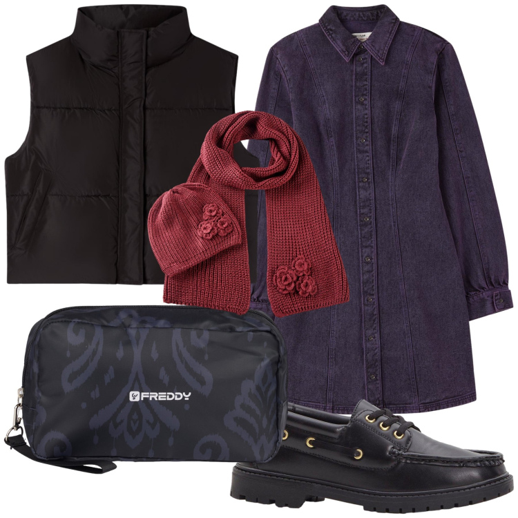 Outfit donna - Abbinamento sciarpa e cappello. Stile Trendy per Tutti i giorni. Abbinamento con sciarpe, mocassini, vestiti chemisier, piumini, valigie.