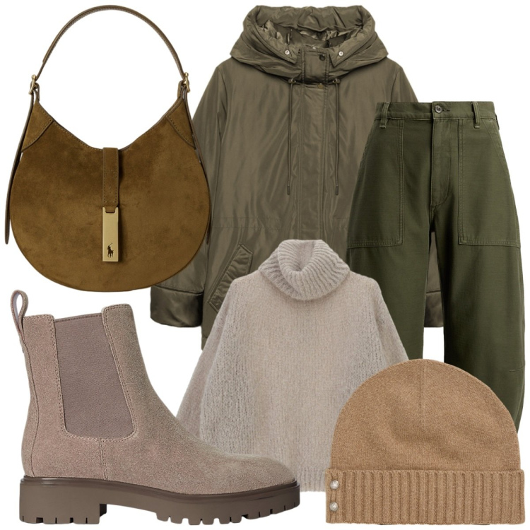 Outfit donna - Look in verde militare. Stile Military per Scuola/Università. Abbinamento con maglieria, pantaloni, borse a spalla, stivaletti chelsea, berretti, eskimo.