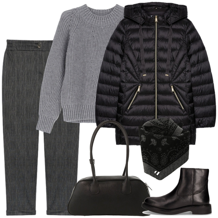 Outfit donna - Intramontabile. Stile Basic per Tutti i giorni. Abbinamento con foulard, maglieria, borse a mano, piumini, stivaletti chelsea, pantaloni.