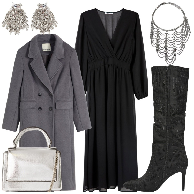 Outfit donna - Vanity. Stile Chic per Serata fuori. Abbinamento con cappotti, stivali, vestiti lunghi, borse a tracolla, orecchini, collane.