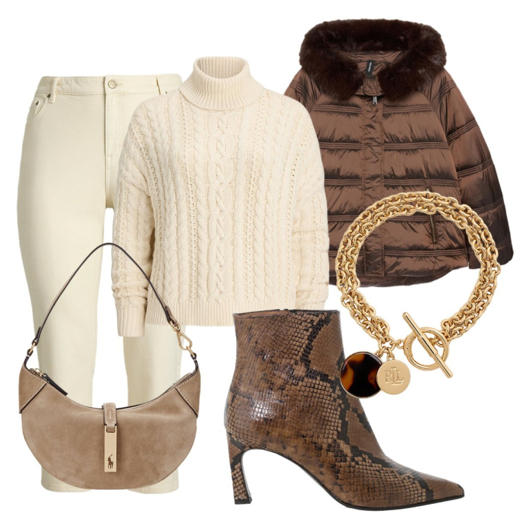 Outfit donna - Total look #2285539. Stile Casual chic per Tutti i giorni. Abbinamento con stivaletti, borse a spalla, jeans dritti, braccialetti con ciondoli, maglieria, piumini.