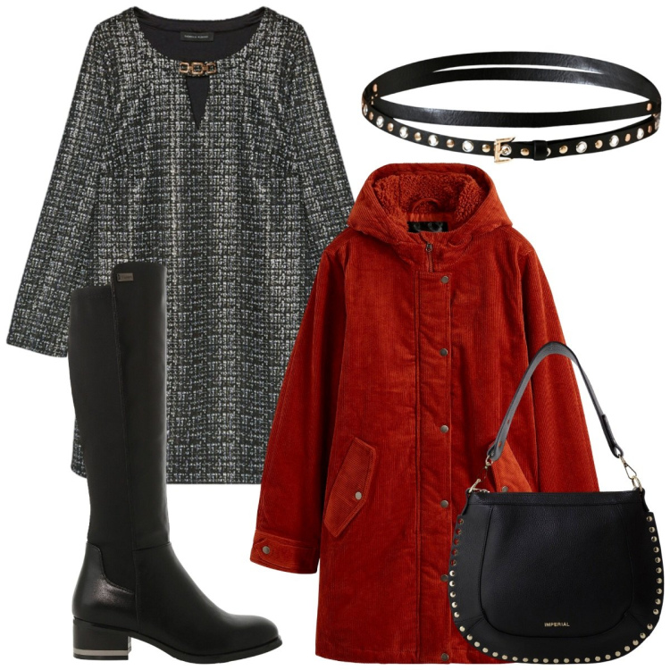 Outfit donna - Siamo noi che facciamo la moda. Stile Preppy per Ufficio. Abbinamento con parka, cinture, stivali sopra il ginocchio, borse a spalla, vestiti corti.