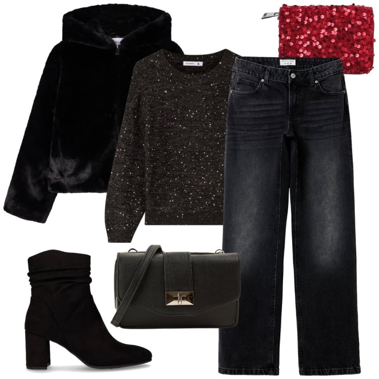 Outfit donna - Terranova - Black Friday 2025. Stile Glamour per Serata fuori. Abbinamento con maglieria, jeans, ecopellicce, portafogli, borse a tracolla, stivaletti.