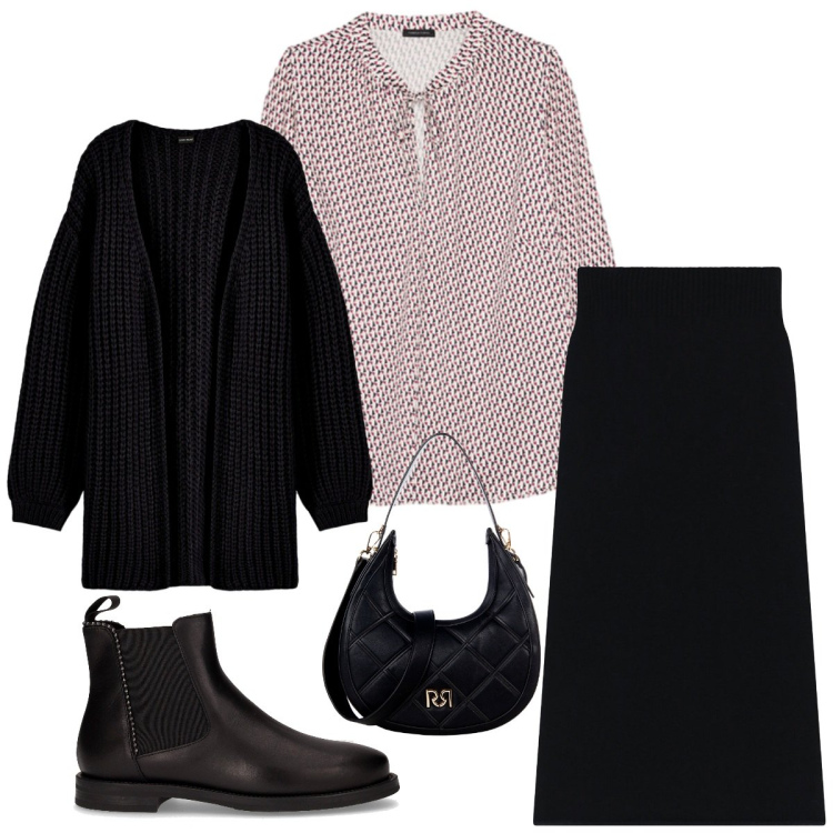 Outfit donna - Look casual chic. Stile Casual chic per Ufficio. Abbinamento con cardigans, borse a tracolla, gonne lunghe, bluse, stivaletti chelsea.