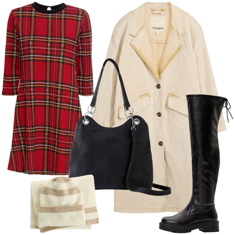 Outfit donna - bonprix - DAY TO NIGHT. Stile Casual chic per Tutti i giorni. Abbinamento con trench, borse a mano, vestiti corti, stivali sopra il ginocchio, sciarpe.