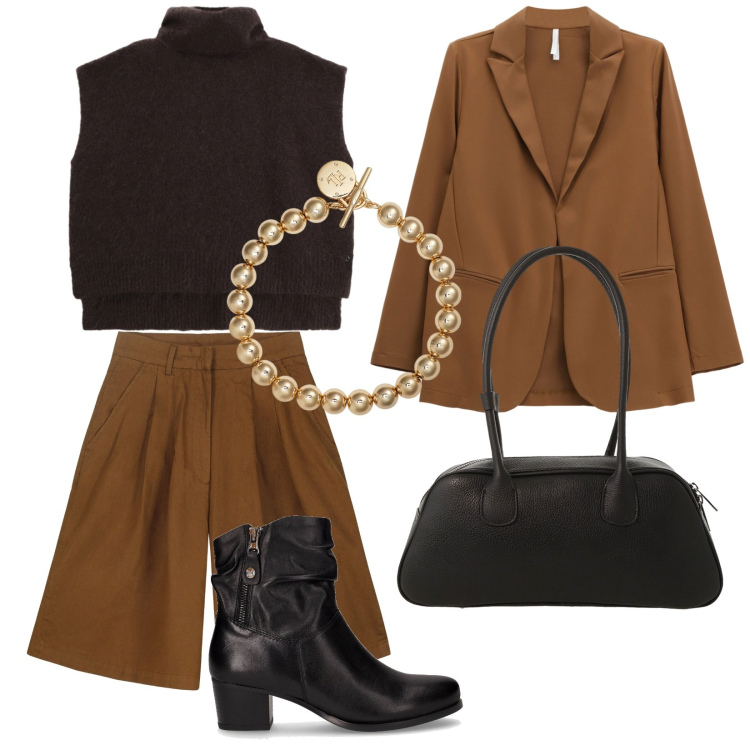 Outfit donna - Total look #2285550. Stile Trendy per Serata fuori. Abbinamento con blazer, borse a mano, maglieria, braccialetti, bermuda, stivaletti.