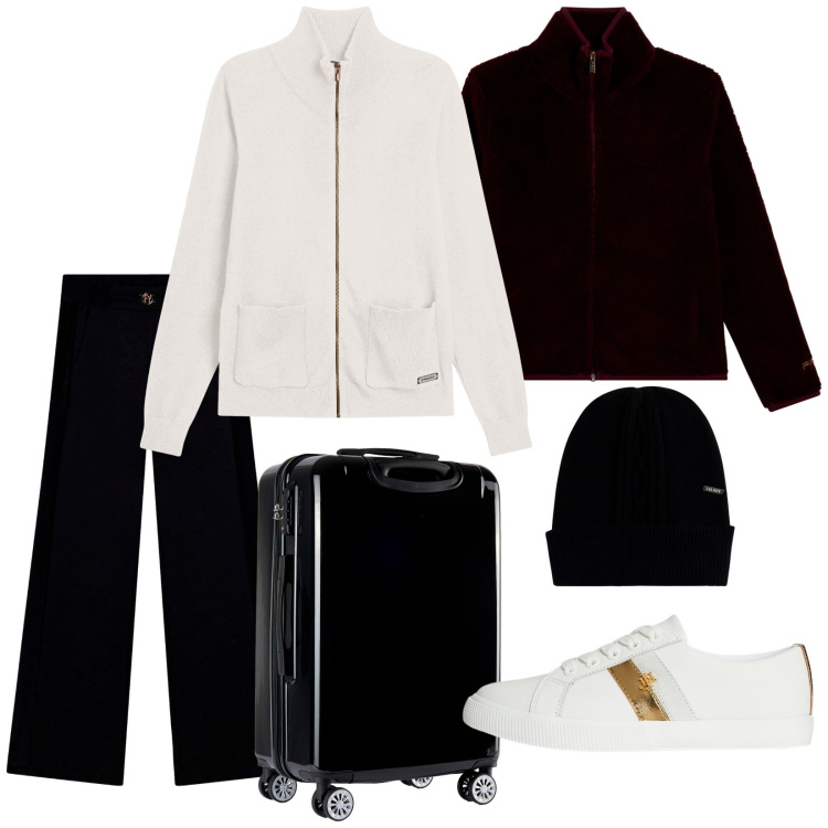 Outfit donna - Si parte. Stile Casual per Tutti i giorni. Abbinamento con maglieria, pantaloni sportivi, berretti, valigie, bomber, sneakers.