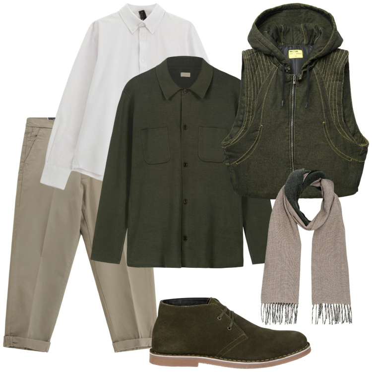Outfit uomo - Layering trendy. Stile Trendy per Tutti i giorni. Abbinamento con gilet, pantaloni chino, camicie, cardigans, stivali e stivaletti, sciarpe.
