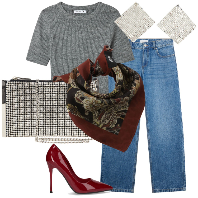 Outfit donna - Gli accessori fanno l ora dell aperitivo. Stile Glamour per Serata fuori. Abbinamento con pochette, t-shirt, orecchini, jeans, foulard, décolleté.