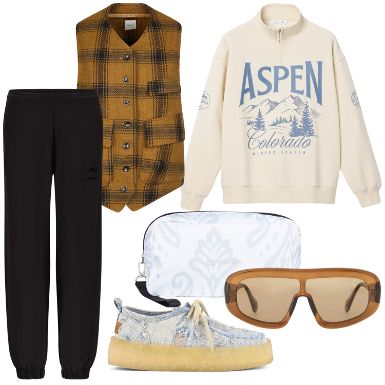 Outfit donna - Mattinata casual. Stile Casual per Tutti i giorni. Abbinamento con felpe, occhiali da sole, pantaloni, valigie, mocassini, gilet.