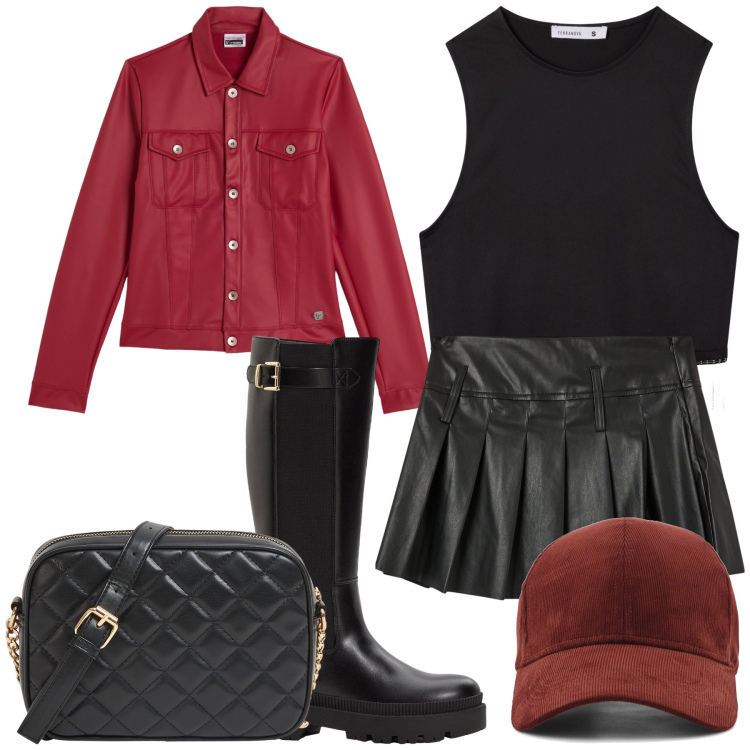 Outfit donna - La mini in ecopelle con amica. Stile Preppy per Tutti i giorni. Abbinamento con stivali, borse a tracolla, minigonne, top, giacche, cappelli con visiera.