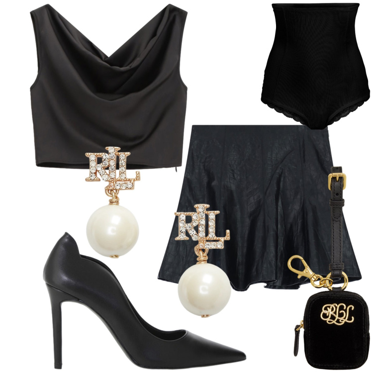 Outfit donna - Onda su onda. Stile Glamour per Serata fuori. Abbinamento con culotte, minigonne, top, décolleté, orecchini, pochette.