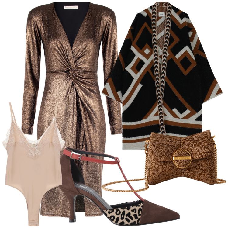 Outfit donna - Un po’ di etnico nella serata a teatro. Stile Trendy per Serata fuori. Abbinamento con vestiti a tubino, décolleté, body, cappe, pochette.