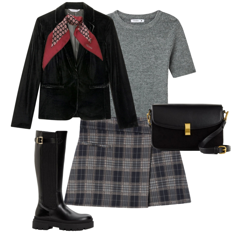 Outfit donna - Novembre. Stile Casual chic per Tutti i giorni. Abbinamento con stivali, borse a mano, minigonne, t-shirt, blazer, foulard.