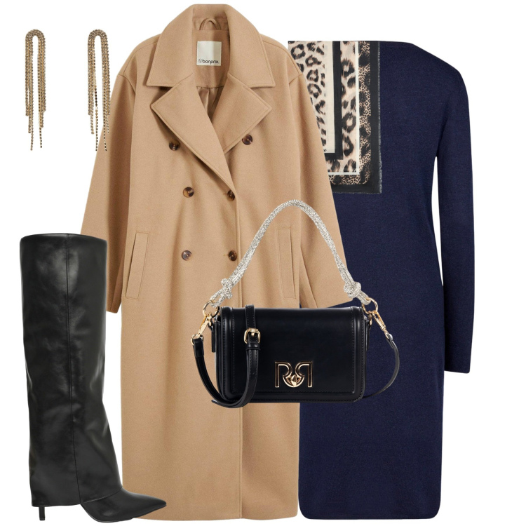 Outfit donna - City. Stile Urban per Tutti i giorni. Abbinamento con cappotti, borse a mano, orecchini, stivali, vestiti midi/longuette, foulard.