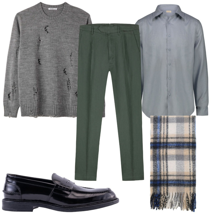 Outfit uomo - Il grigio regna sovrano in ufficio. Stile Casual per Ufficio. Abbinamento con maglieria, sciarpe, camicie, pantaloni, scarpe stringate.