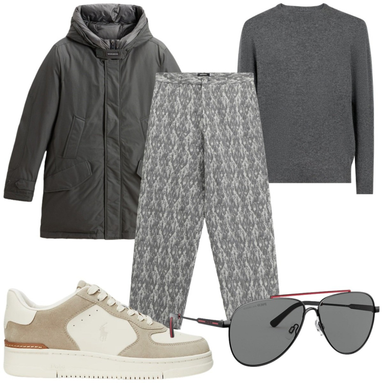 Outfit uomo - In grigio con gli amici. Stile Trendy per Tutti i giorni. Abbinamento con pantaloni, sneakers, occhiali da sole, parka, maglieria.