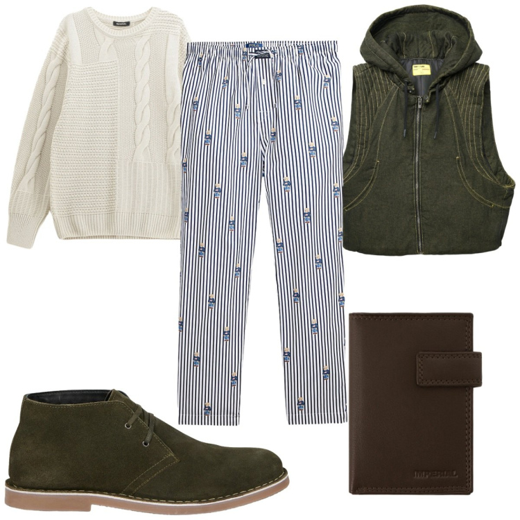 Outfit uomo - Comodo e trendy al pub. Stile Trendy per Serata speciale. Abbinamento con gilet, maglieria, portafogli, pantaloni, stivali e stivaletti.