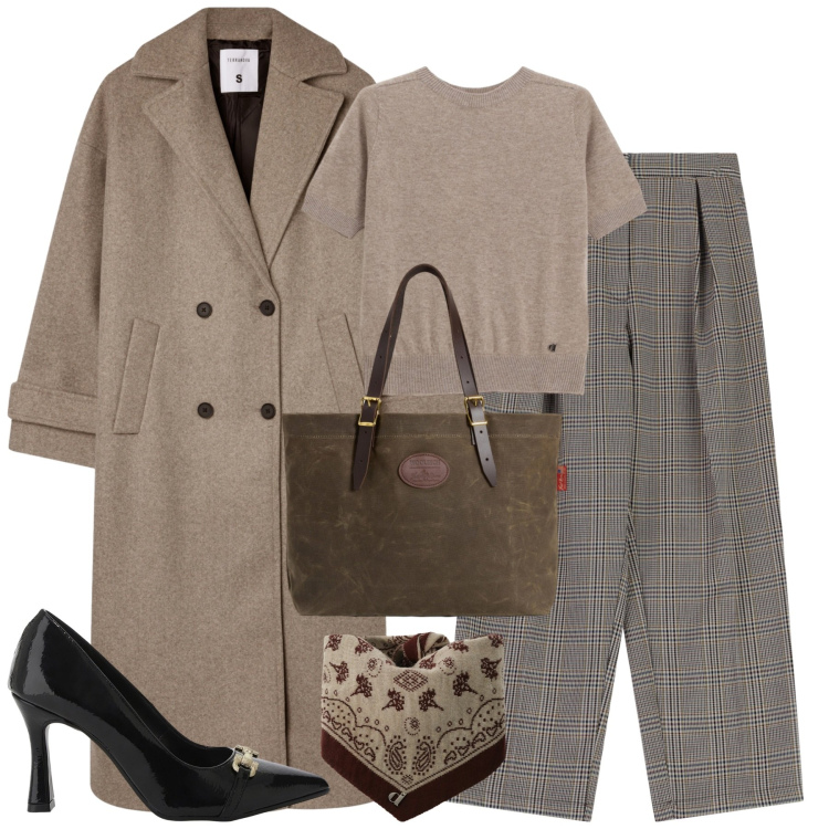 Outfit donna - City. Stile Urban per Tutti i giorni. Abbinamento con cappotti, décolleté, pantaloni, foulard, maglieria, borse tote.