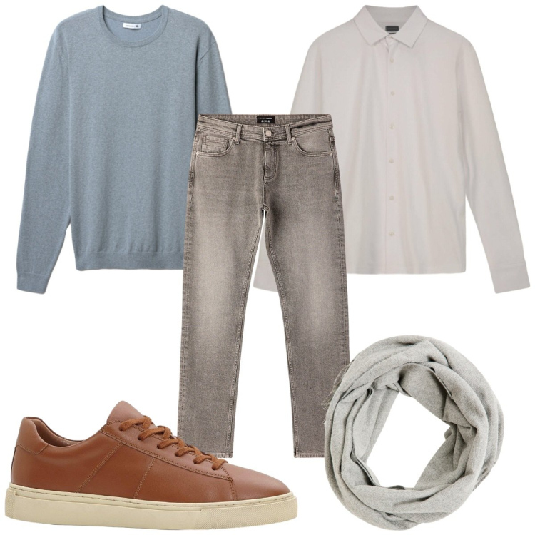 Outfit uomo - Serata al pub in jeans. Stile Casual per Serata speciale. Abbinamento con sneakers, sciarpe, jeans, maglieria, polo.