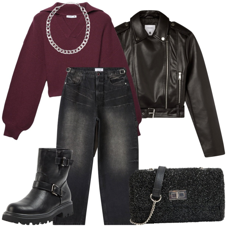 Outfit donna - Black Friday terranova. Stile Urban per Tutti i giorni. Abbinamento con jeans, giacche, stivaletti, collane, maglieria, borse a tracolla.