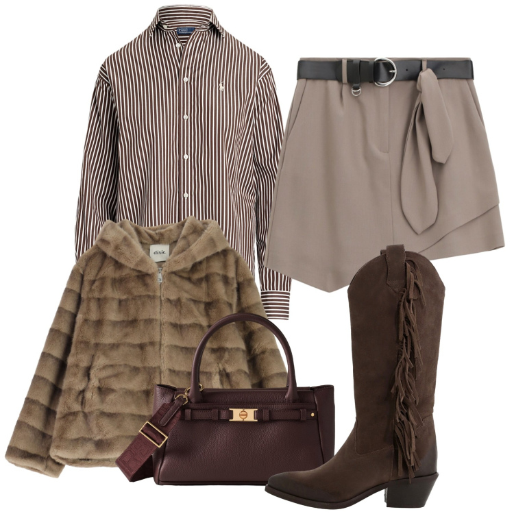 Outfit donna - Brown. Stile Bon Ton per Tutti i giorni. Abbinamento con minigonne, borse a mano, stivali, blazer, camicie.