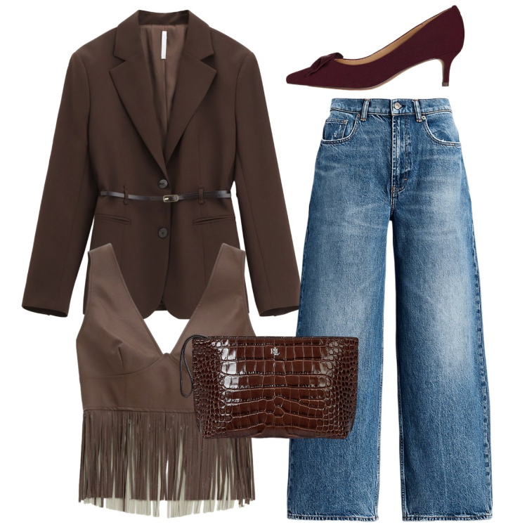 Outfit donna - Serata. Stile Chic per Serata fuori. Abbinamento con top, blazer, jeans, pochette, décolleté.