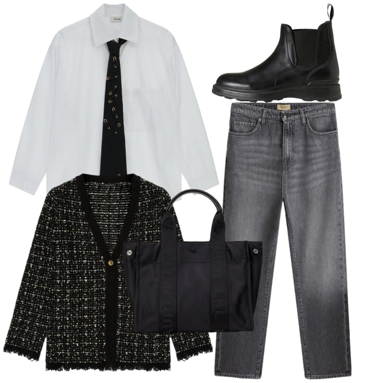 Outfit donna - Mannish. Stile Mannish per Ufficio. Abbinamento con camicie, borse tote, stivaletti, jeans, cardigans.