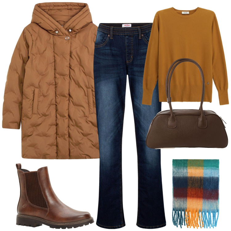 Outfit donna - City. Stile Casual chic per Tutti i giorni. Abbinamento con stivaletti chelsea, giacche, jeans dritti, borse a mano, maglieria, sciarpe.