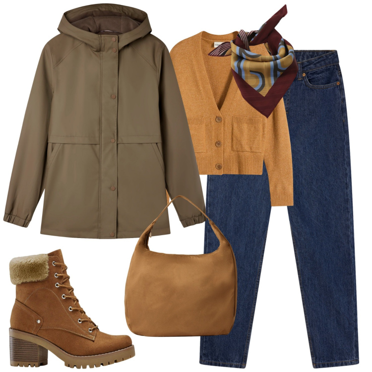 Outfit donna - City. Stile Casual chic per Tutti i giorni. Abbinamento con cardigans, stivaletti, jeans mom, borse a mano, blazer, foulard.