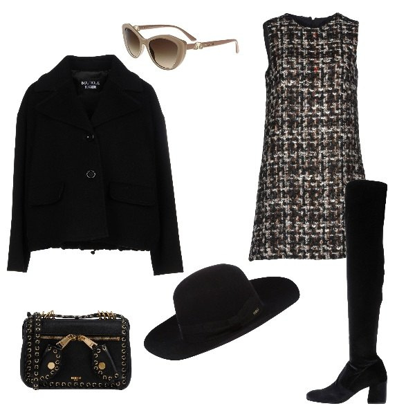 Outfit donna - Saldi pazzi. Stile Sexy per Tutti i giorni. Abbinamento con vestito corto a trapezio tweed effetto laminato collo tondo con zip interno foderato in mohair, scarpa col tacco, cappotto collo con revers a maniche lunghe interno foderato in tessuto tecnico tinta unita, cappello con fiocco in flanella tinta unita, borsa a tracolla mini con laccetti interno foderato tinta unita, occhiali da sole marrone.
