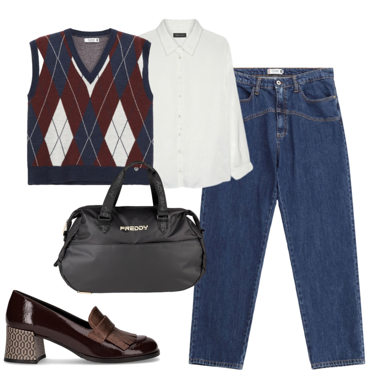 Outfit donna - City. Stile Casual chic per Tutti i giorni. Abbinamento con jeans, gilet, borse sportive, camicie, mocassini.