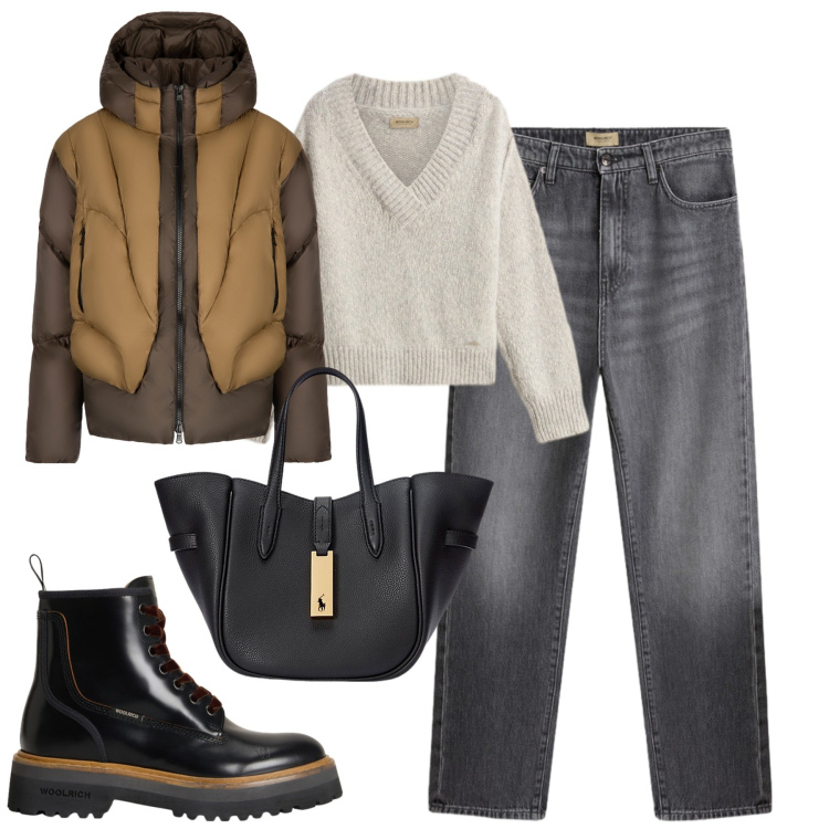 Outfit donna - Novembre. Stile Casual chic per Tutti i giorni. Abbinamento con borse tote, piumini, jeans, anfibi, maglieria.